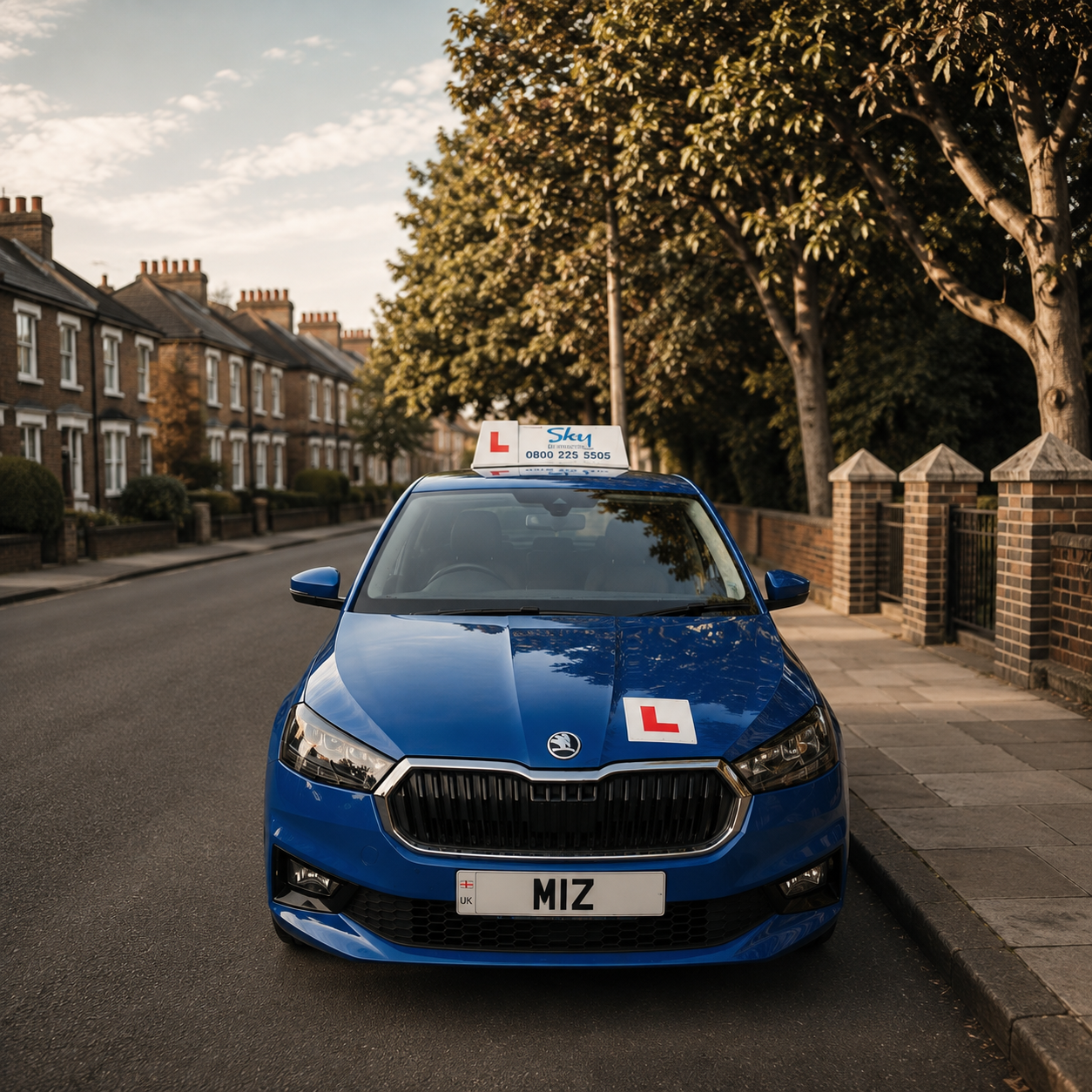 Blue driving school car with L plates parked on a London street